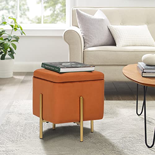 Adeco Velvet Upholstered Square Storage Ottoman, Vanity Stool Footrest With Sturdy Metal Legs In Gold Finish, Small Coffee Table Side Table For Living Room Bedroom Couch (Orange) #TOP3