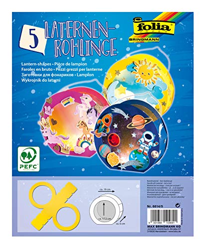 folia 6814/5 - Rundlaternen Rohlinge, Laternenzuschnitte aus Fotokarton, 5 Stück in gelb, zum Zusammenkleben, Durchmesser ca. 19 cm, Fensterausschnitt ca. 13,5 cm