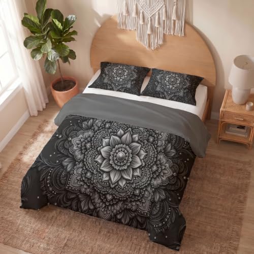 Mandala Ethnique Peint À La Main Housse De Couette 140X200 Fleurs Rétro Noir Et Blanc Parure De Lit Réversible Fille Literie Microfibre 1 Personnes 2...