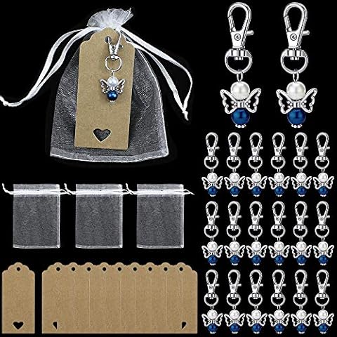 UBERMing 20 Stück Gastgeschenke Hochzeit Schutzengel + Organza Beutel + Kraftpapier Anhänger Mini Engels Schlüsselanhänger für Weihnachten und Hochzeit Party Kommunion Konfirmation Geschenk für Gast Cover