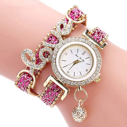 Damen-Armbanduhr Quarz-Armbanduhr mit rundem Zifferblatt, eingelegtes Strass-Armband mit langem Armband für Frauen, Rosa