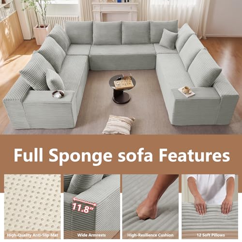 Image of Oversized Modular Sectional Sofa Couch, Large 8 Seater Corner Sofa Modern U Shaped Sectional Couch Cloud Couches for Living Room, Office, Spacious Space, Corduroy,No Assembly Required, Light Grey