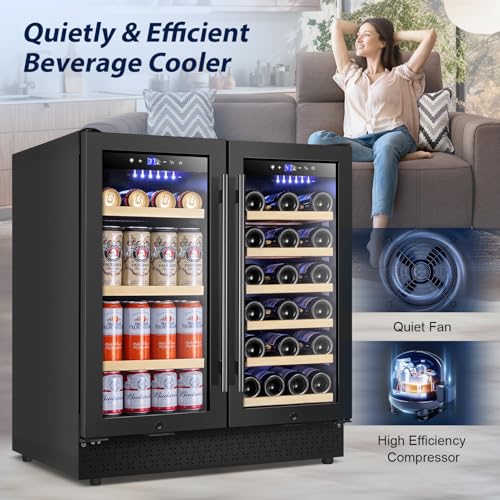 Image of Tylza 30 Inch Wine and Beverage Refrigerator, Dual Zone Wine Beverage Cooler 30 inch with French Door, Under Counter Wine Beer Fridge Built-In or Freestanding, Holds 29 Bottles and 110 Cans, Black