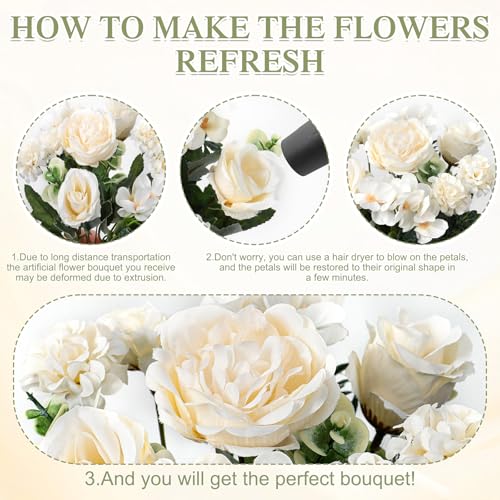 2 Bundles White Peonies Artificial Flowers Silk Flower Centerpieces for Tables Fake Flower Arrangements Bouquets Mixed Roses Hydrangea with Stems for Wedding Bridal Bouquets Home T image 8