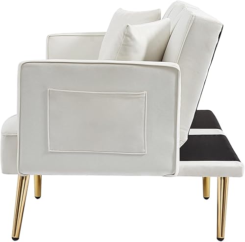 Miniatura 7 de Sofá cama futón moderno de tela de lino, sofá biplaza convertible con 2 portavasos y reposabrazos extraíbles para espacio de vida compacto,
