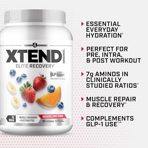 Image of Xtend Original BCAA Powder, 7g BCAAs and 2.5g L-Glutamine for Muscle Recovery Hydration and Lean Muscle, Sugar Free Intra and Post Workout Drink with Electrolytes, Knockout Fruit Punch, 90 Servings