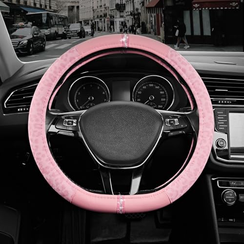Road Comforts Leopard Steering Wheel Cover for Women Cute Anti-Slip Microfiber Leather Fits D Shape Flat Bottom Steering Wheel 14.5-15 Inch - Pink and Pink Leapoard