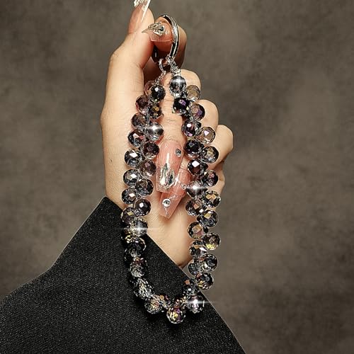 Image of TENOC Beaded Phone Wrist Strap, Black | Cellphone Lanyard Chain, Sparkling Wristlet Bracelet, For Women