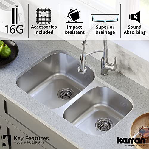 Karran 32" Undermount 16-Gauge Stainless Steel 60/40 Double Bowl Kitchen Sink Kit #TOP5