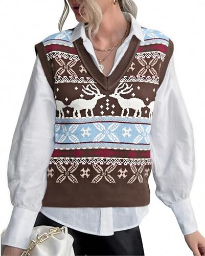 Image of JULYCLO Christmas Sweater Vest Women Ugly Xmas Reindeer Knit Sweaters Casual Santa Snowflake V Neck Sleeveless Outwear Tops
