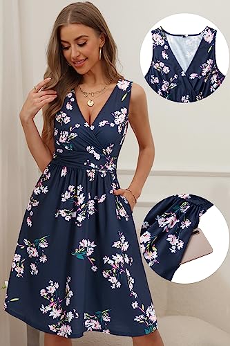 Image of OUGES Women's Summer Spaghetti Strap V-Neck Floral Short Party Dress with Pockets