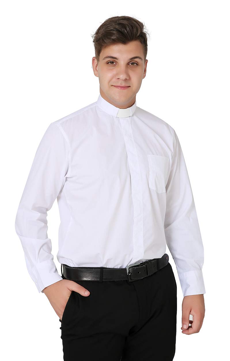 IvyRobes Clergy Shirt Men Priest Clerical Shirts Long Sleeves with Free Slip-in Tab Collar White
