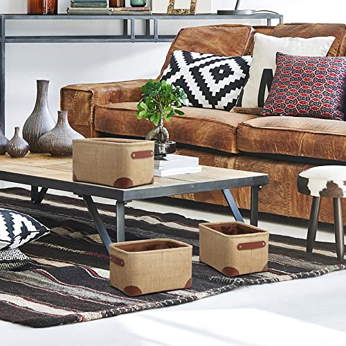 Small Storage Basket For Shelf Cube Fabric Bins Foldable Receive Organizer Rectangular Canvas Square Box With Pu Leather Handles For Nursery Home Closet Office 11X8X6.3" 3 Pack Yl #TOP4