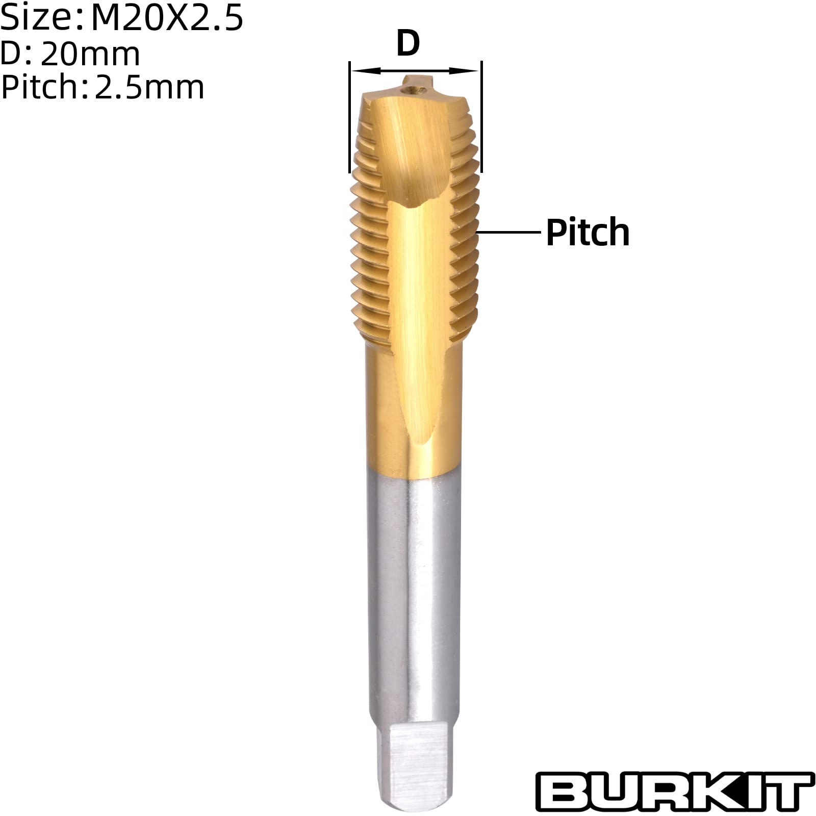 Burkit M20 - Grifo de punta en espiral, revestimiento de titanio HSS M20 x 2,5 mm