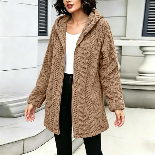 Womens Hooded Sherpa Cardigan Jacket Zip Up Jacquard Textured Long Coat - image 3