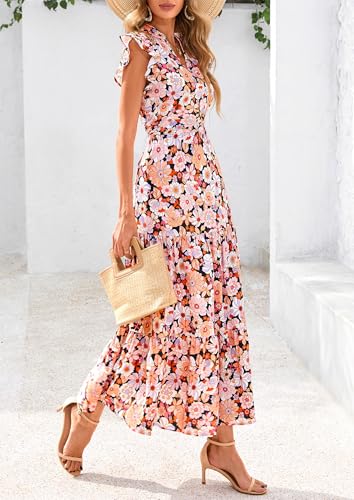 Image of PRETTYGARDEN Women's 2026 Summer Floral Midi Dress Cap Sleeve V Neck Ruffle Long Flowy Boho Casual Beach Vacation Dresses