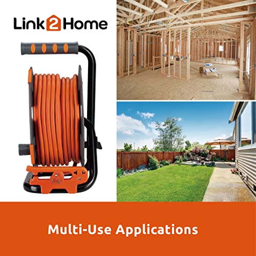 Link2Home 80 Ft. Retractable Extension Cord Reel With 4 Outlets & 14Awg 3-Prong High Visibility Sjtw Cord #TOP6
