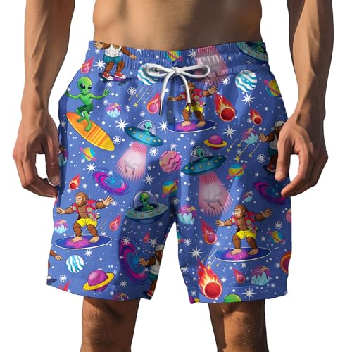 Tropical Colorful Bigfoot Alien Raccoon Hawaiian Shorts for Men Sasquatch Palm Tree Beach Shorts Men 5