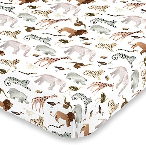 NoJo Water Color Jungle Friends Tan, Brown & Grey Super Soft Mini Crib Sheet, Tan, Brown, Grey