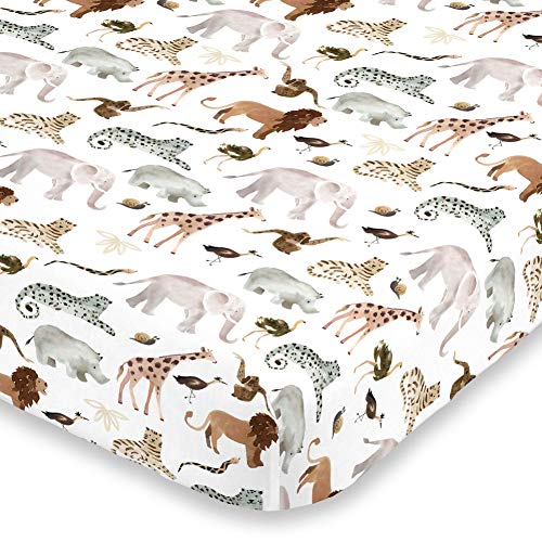 Image of NoJo Water Color Jungle Friends Tan, Brown & Grey Super Soft Mini Crib Sheet, Tan, Brown, Grey