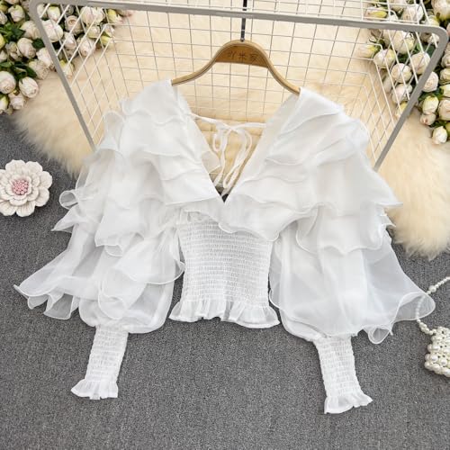 Tiered Ruffle Bell Sleeve Tops Women Y2k Long Sleeve Lace Chiffon Top Long Sleeve Mesh 90s Outfits Dressy Evening2