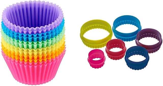 Amazon Basics Reusable Silicone Baking Cups, Pack of 12 & Colourworks Plastic Plain and Fluted Round Cookie Cutters, Multi-Colour, Set of Six