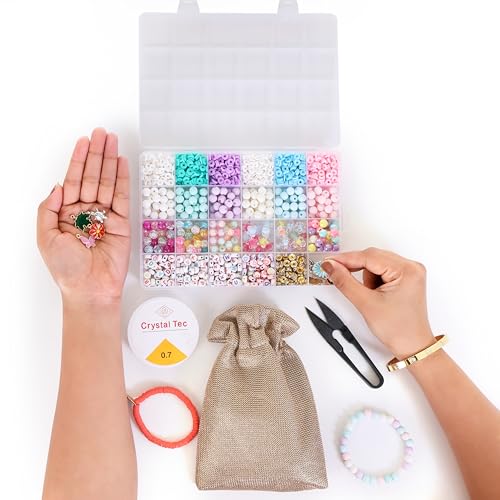 Image of Ambitieux All-in-One Bracelet Making Kit for Girls - 24 Grid Jewelry Set with 1000+ Beads, Alphabet Letters, Charms, Jump Rings, Tools & 2 Elastic Rolls - DIY Jewellery Craft Kit for Kids Age 6-12(Clay With 8mm)