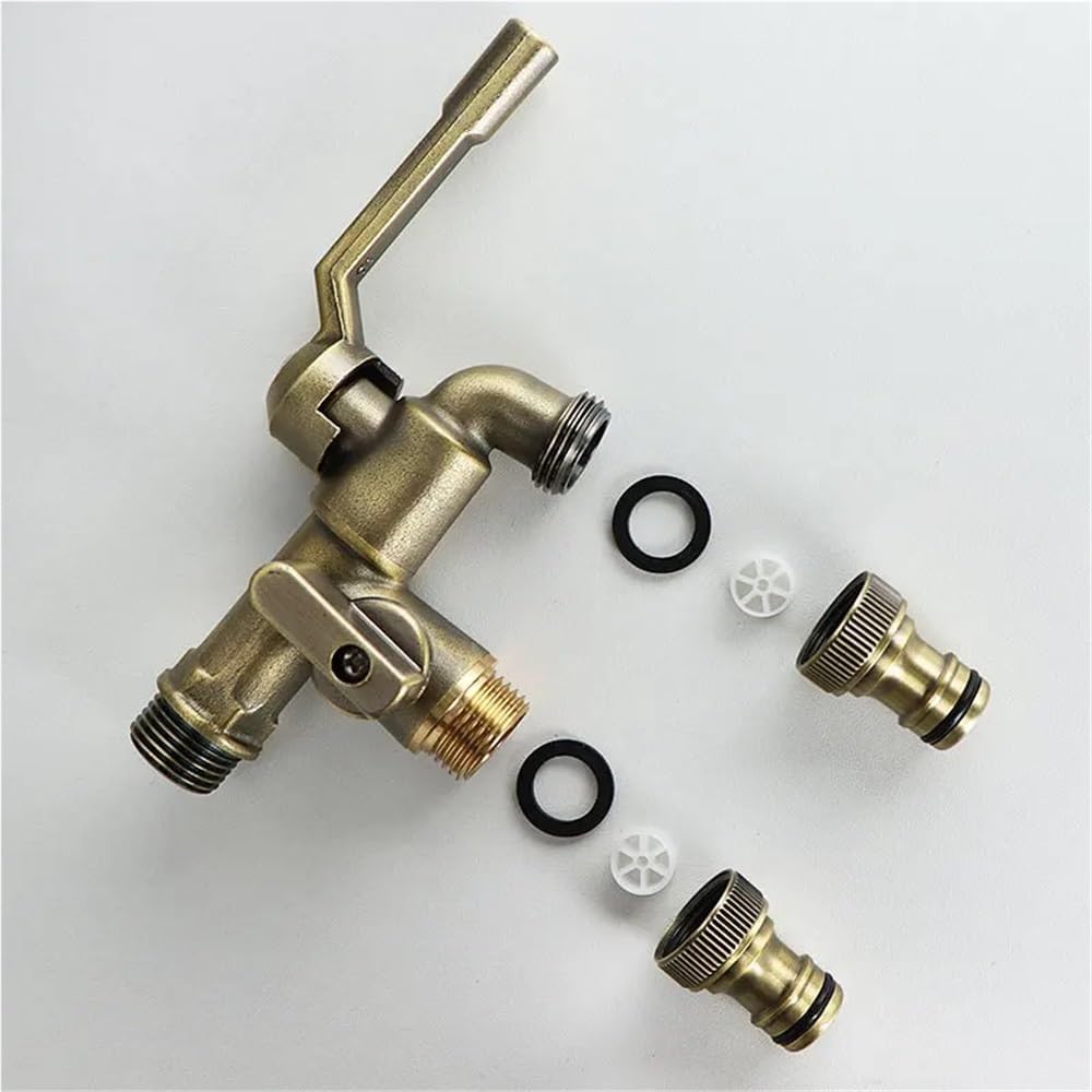 All-Copper Outdoor Anti-Freezing Faucet with One Inlet and Two Outlets Dual Water Outlets, 1/2 * 1/2 * 1/2 Thickened Garden Watering(Yellow)