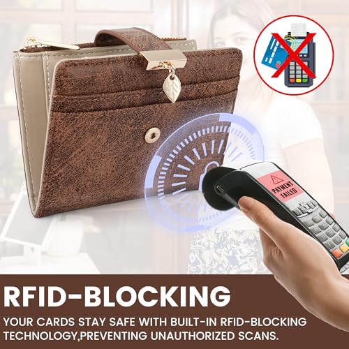 Image of Pomelo Best Wallet Women Bifold Leather Wallets for Women Credit Card Holder with ID Window Zipper Coin Pocket Deep Brown