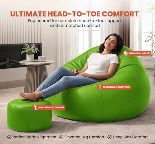 Image of Sattva Classic 3XL Bean Bag Chair with Beans Filled | Sofa Style Faux Leather Beanbags with Footstool & Cushion | Comfortable Bin Bags Sofa for Adults & Teens, Living Room & Office | Neon Green