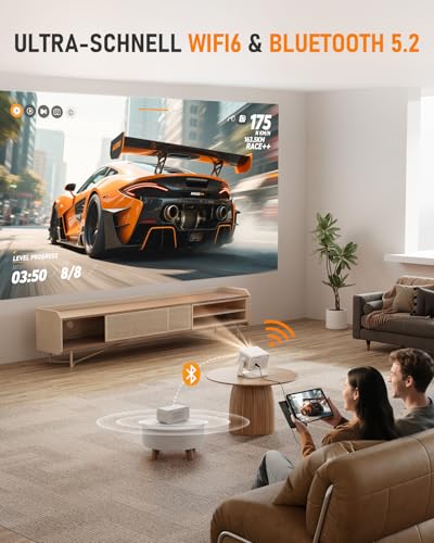 Smart Mini Beamer【Netflix Offiziell ＆ Autofokus / 6D Trapezkorrektur 】 27000L WiFi6 Bluetooth Beamer Klein Full HD 1080P, VISSPL Unterstützt 4K Video Projector,Handy Projektor für Heimkino/Outdoor