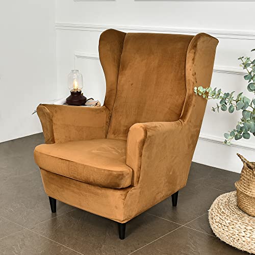 MIFXIN Wing Chair Slipcover 2 Piece Set Velvet Stretch Wingback Chair Cover with Cushion Cover Soft Washable Armchair Furniture Protector for Living Room Bedroom (Camel)
