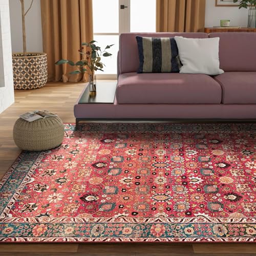 vivorug 8x10 Area Rugs for Living Room, Non-Slip Backing Washable Rug 8x10, Red Large Area Rug Soft Carpet for Bedroom Dining Room, Vintage, Easy Clean, Durable, Low Pile Rug Under Table