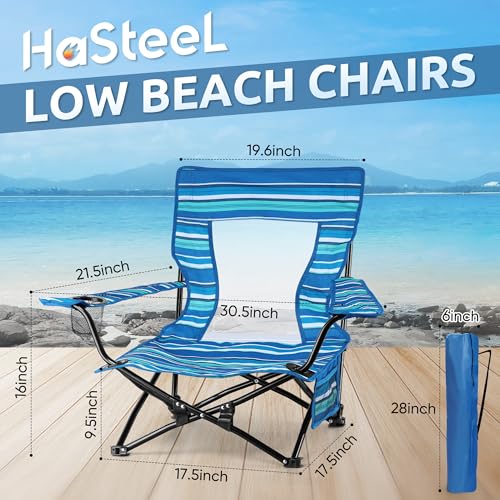 Image of HaSteeL Folding Beach Chair Set of 2, Foldable Striped Camping Chairs for Outside, Low Beach Chair Portable for Adults Fishing, Picnic, Outdoor BBQ, Travel, Sports, Cup Holder & Storage Bag