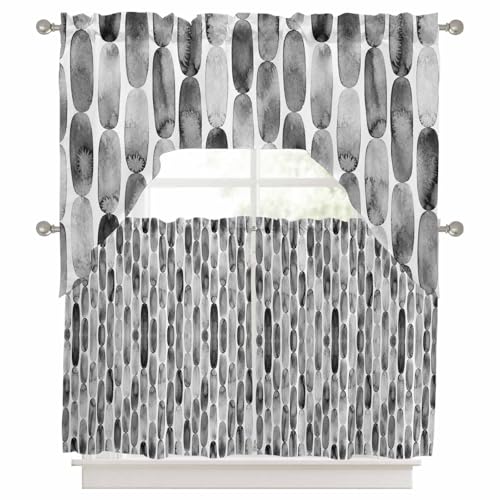 3 Pieces Swag Kitchen Curtains & Valances Set, Minimalist Dot Chain Short Curtain Rod Pocket Window Curtain, Rustic Modern Charcoal Black Window Treatment Tiers Decor 56x36in