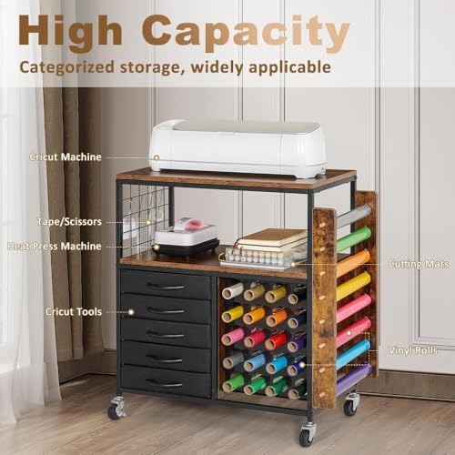 Image of LUCKUP Organization and Storage Craft Table for Cricut Machines, Rolling Cart Cabinet with 28 Vinyl Roll Holders and 5 Drawers, Heat Press Stand Crafting Storage Cart with Hooks, Black (Black)