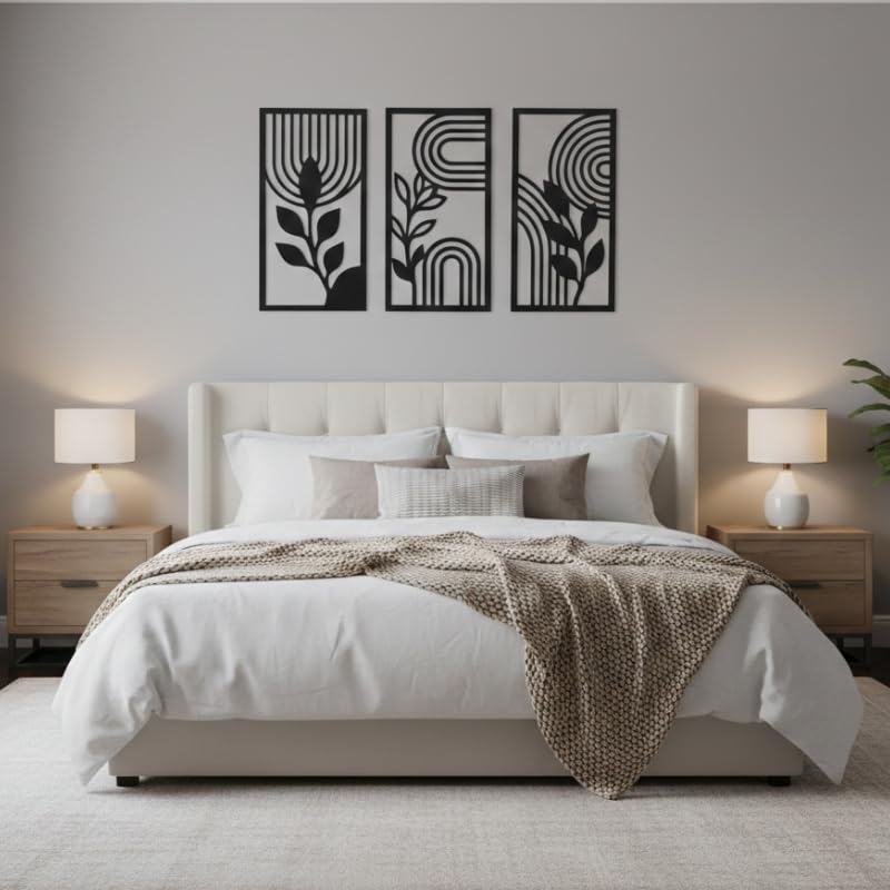 KKD CRAFTS Modern wooden Wall Art Set of 3 Panels – Abstract Botanical Geometric Wall Decor | Minimalist Black Iron Wall Hanging for Living Room, Bedroom & Office Home Decor-image-47