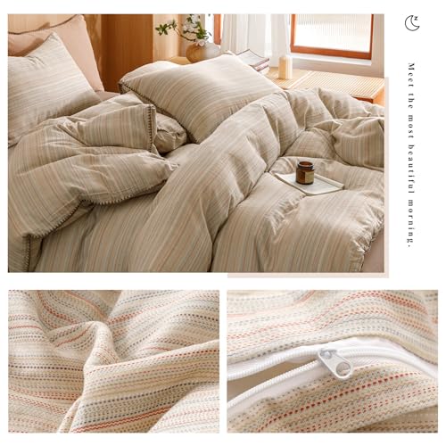 VM VOUGEMARKET Brown Tan Duvet Cover King Striped Pattern Yarn Dyed Muslin Cotton Duvet Cover with Embroidered Edge Super Soft Cozy Bedding Set for Men Women,King Size by VM VOUGEMARKET - Image 4