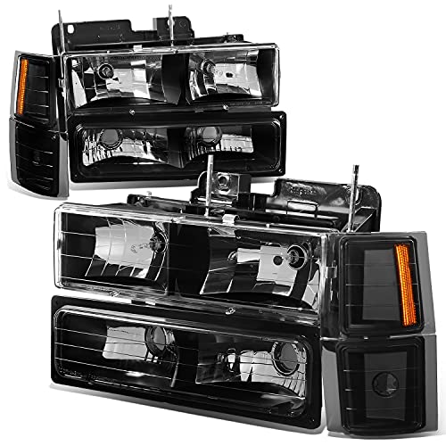 [Halogen Model] 8PCS OE Style Headlights Assembly with Bumper Light and Corner Lamp Compatible with Chevy C10 C/K Blazer Suburban Tahoe 94-02, Driver and Passenger Side, Black Housing Amber Corner