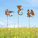 Rusty Fantasy Dragon Garden Stakes Decor, 24 Inch Metal Yard Art Decor, Decorative Garden Stakes Outdoor, Lawn Art Dragons Garden Decorations for outside, Ancient Dragons Garden Statue,Set of 3