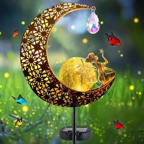 Mond Solarleuchten Garten,Freien Solarlampe f&uuml;r Au&szlig;en,LED Glaskugel Gartenleuchte,Elfe Blumenfee Solarleuchte,Solarleuchte mit Erdspie&szlig;,Metall Mond Solar Gartenleuchte,Wasserdichte Wegeleuchte