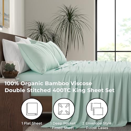Image of Luxury Bamboo Market | King Size Bed Sheet Set | 100% Viscose Made from Bamboo | Organically Grown | Ultra Soft | Cooling Sheets for Hot Sleepers | 17 inch Deep Pocket [Coastal Green]