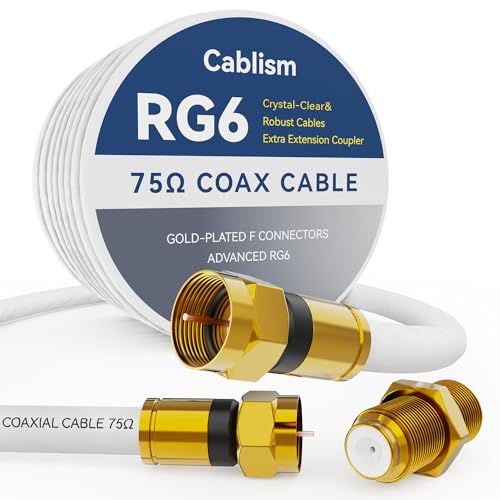 RG6 Coaxial Cable 100FT–Gold-Plated F-Type Coax Cable with Extender, Stable Signal for 4K Ultra HD TV Antenna/Internet/Satellite/Cable Modem-3ft/6ft/10ft/25ft/50ft/75ft White