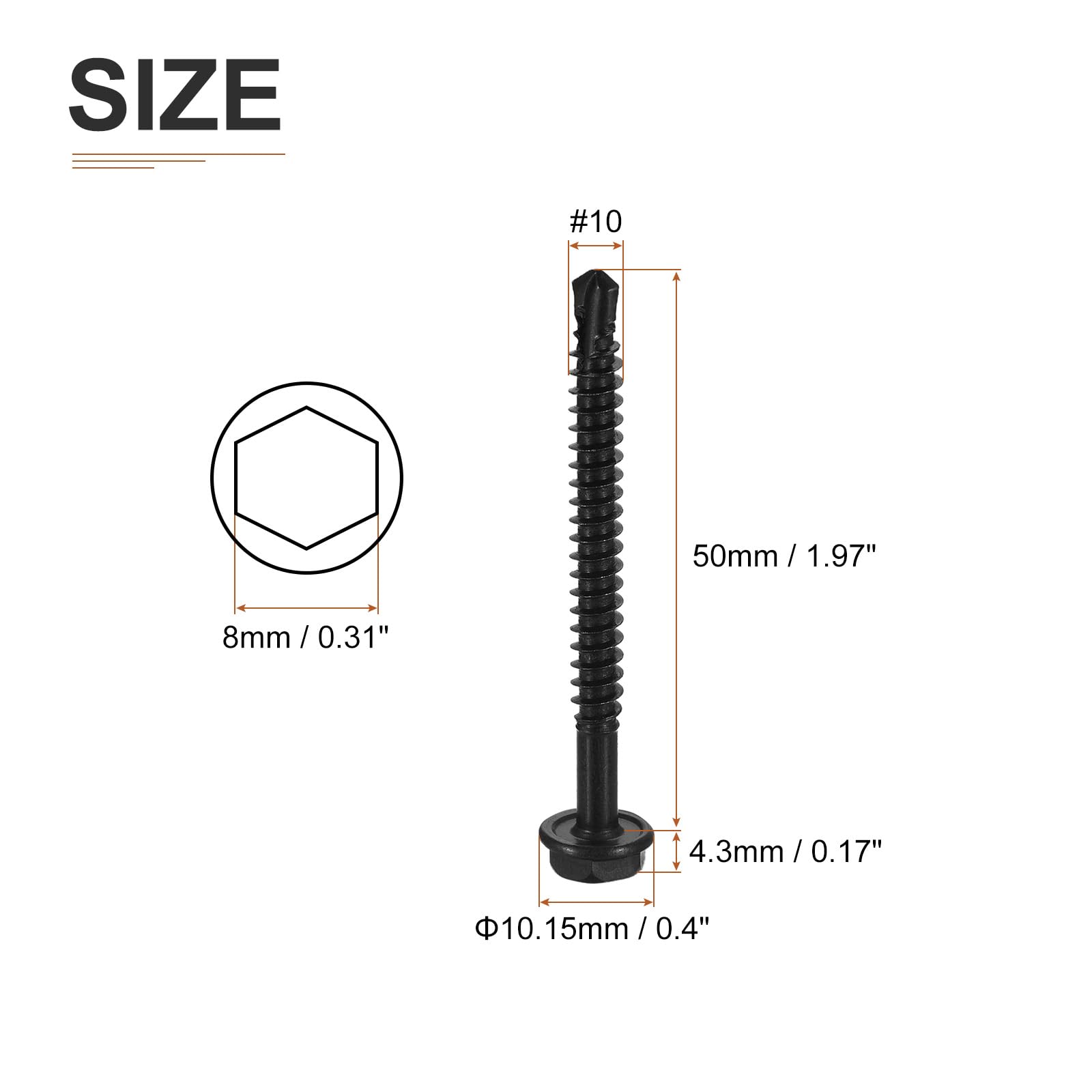 DTGN #10x2" Hex Washer Head Self Drilling Screws, 100Pack, Good for Machine, 410 Stainless Steel Black Oxide - Image 2