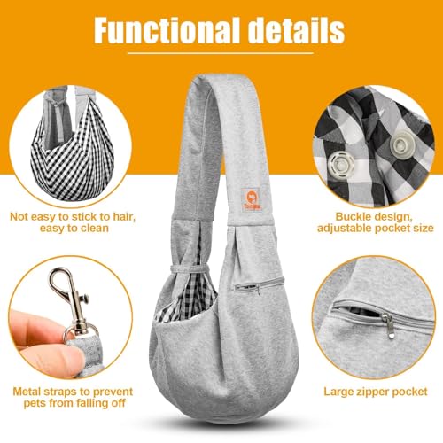 Image of Tomkas Small Dog Cat Sling Carrier Puppy Purse Travel Wrap Soft Crossbody Pet Bag (Grey, M - Zip Pocket & Classic Strap)