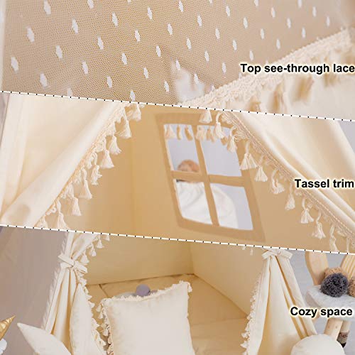 TreeBud Kids Teepee Tent with Padded Mat, Banner, Yarn Ball, Carry Bag, Beige Cotton Canvas Play Tent for Child with Tassels Lace, Play House Tipi for Kids Room Decor - Image 4
