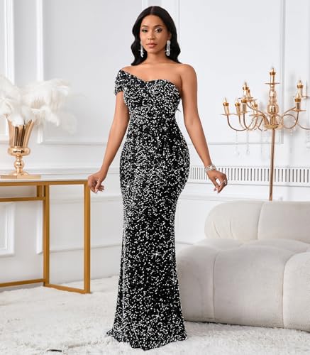 Image of Cololura Women Sexy Sequin One Shoulder Mermaid Formal Party Cocktail Gowns Bodycon Evening Maxi Dress