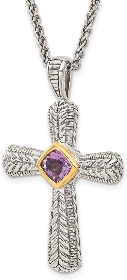 Diamond2Deal Sterling Silver and 14k Gold Amethyst Cross Necklace Fine Jewelry Gift for Women