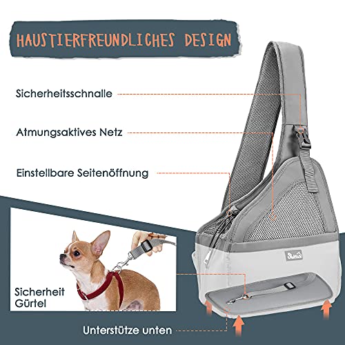 Eyein Hundefreundlich Tragetücher Hunde, atmungsaktiv Hände frei Reisetasche für kleine Haustiere mit verstellbaren Trägern Hartfaserplattenboden Sicherheitsgurt, für Hunde unter 2.8kg, Grau