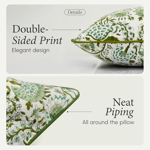 CPC 100% Cotton Throw Pillow Covers 20x20 Inch, Set of 2 Green Block Print Pattern Couch Pillow, Cute Boho Decorative Pillows for Living Room, Bedroom with Hidden Zipper- Agate Green